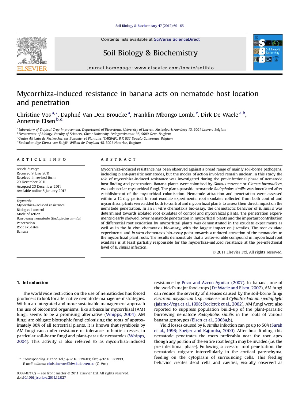 Mycorrhiza-induced resistance in banana acts on nematode host location andÂ penetration