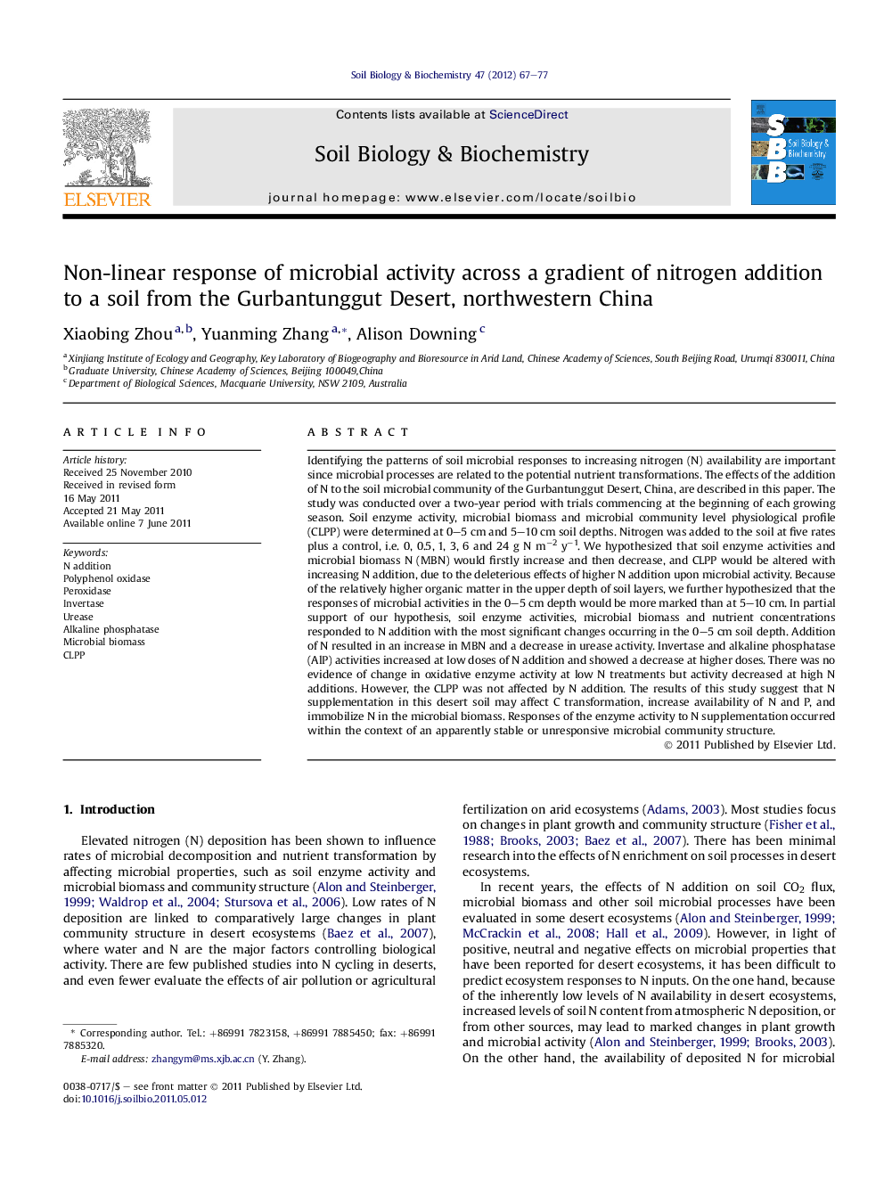 Non-linear response of microbial activity across a gradient of nitrogen addition to a soil from the Gurbantunggut Desert, northwestern China