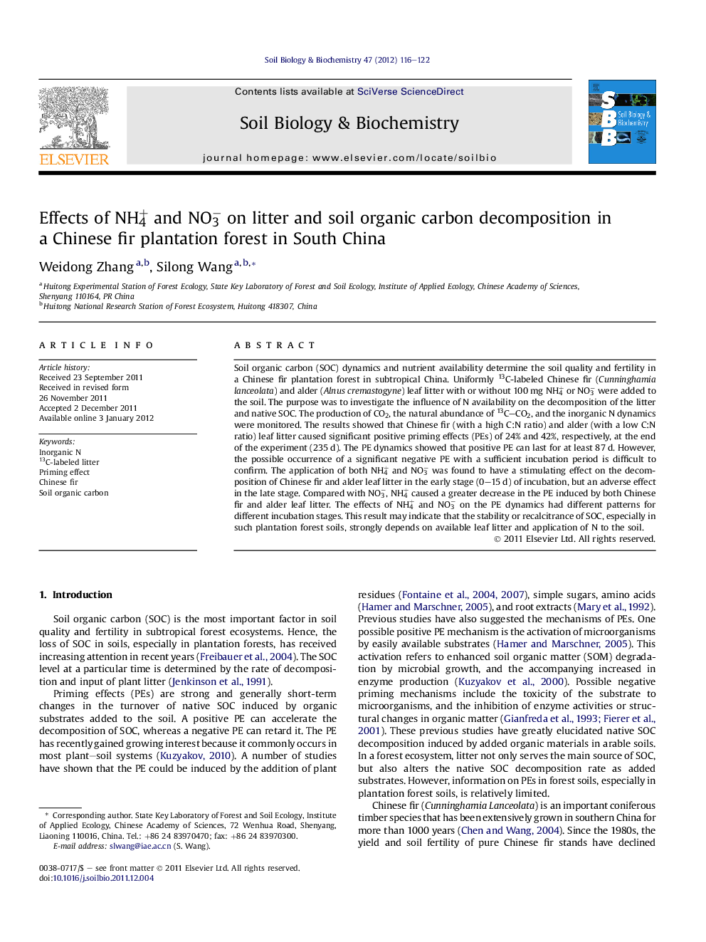 Effects of NH4+ and NO3â on litter and soil organic carbon decomposition in a Chinese fir plantation forest in South China