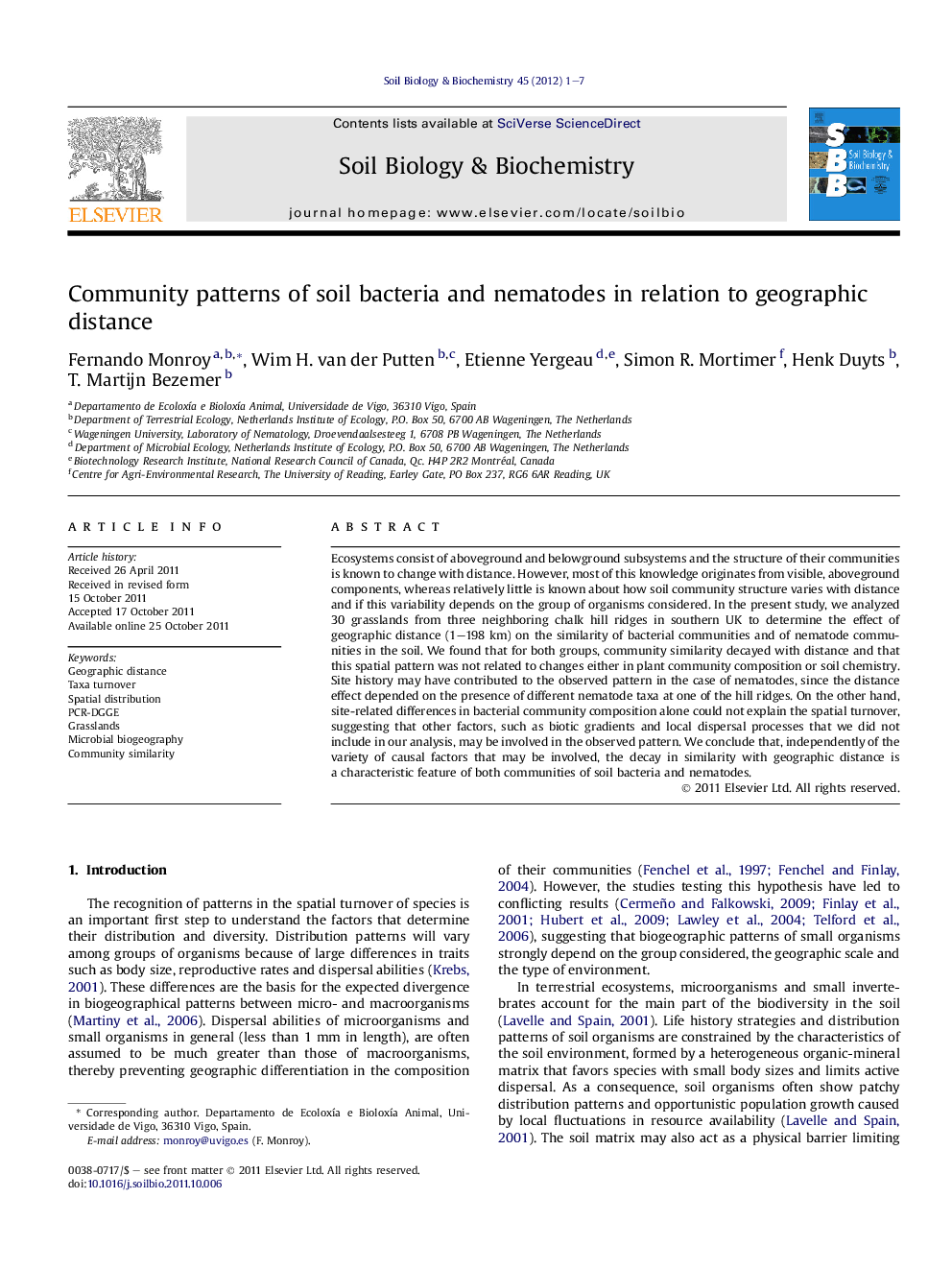 Community patterns of soil bacteria and nematodes in relation to geographic distance