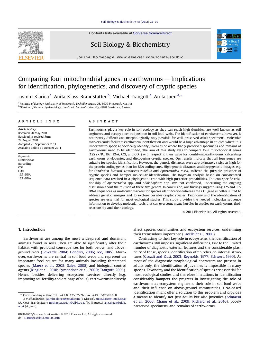 Comparing four mitochondrial genes in earthworms - Implications for identification, phylogenetics, and discovery of cryptic species