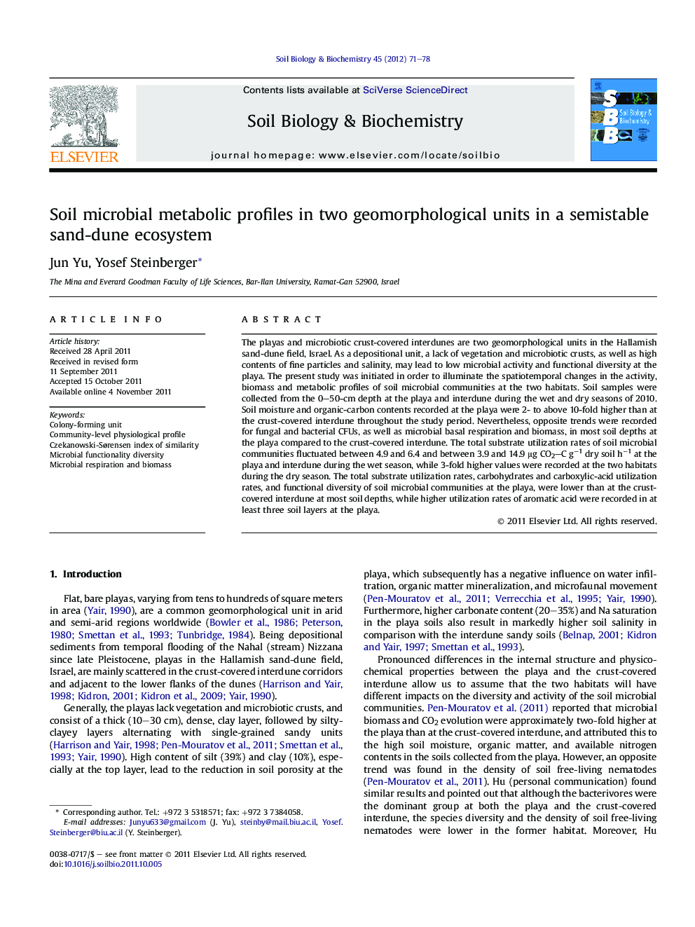 Soil microbial metabolic profiles in two geomorphological units in a semistable sand-dune ecosystem