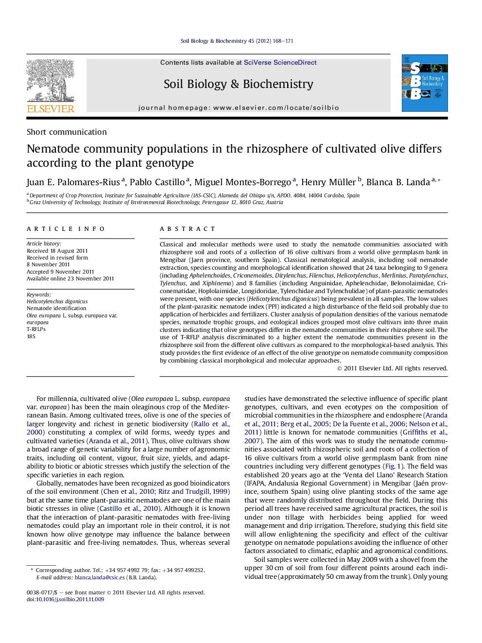 Nematode community populations in the rhizosphere of cultivated olive differs according to the plant genotype