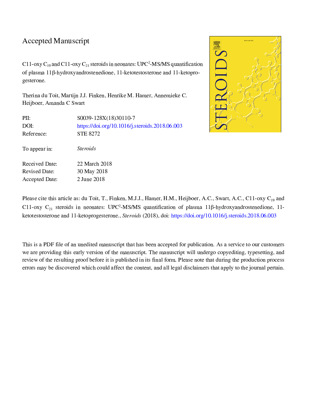 عکس صفحه اول مقاله: C11-oxy C19 and C11-oxy C21 steroids in neonates: UPC2-MS/MS quantification of plasma 11β-hydroxyandrostenedione, 11-ketotestosterone and 11-ketoprogesterone C11-oxy C19 and C11-oxy C21 steroids in neonates: UPC2-MS/MS quantification of plasma 11β-hydroxyandrostenedione, 11-ketotestosterone and 11-ketoprogesterone