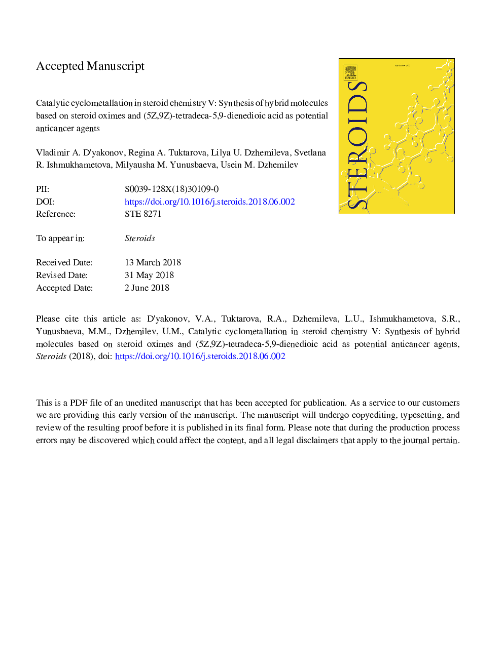 Catalytic cyclometallation in steroid chemistry V: Synthesis of hybrid molecules based on steroid oximes and (5Z,9Z)-tetradeca-5,9-dienedioic acid as potential anticancer agents