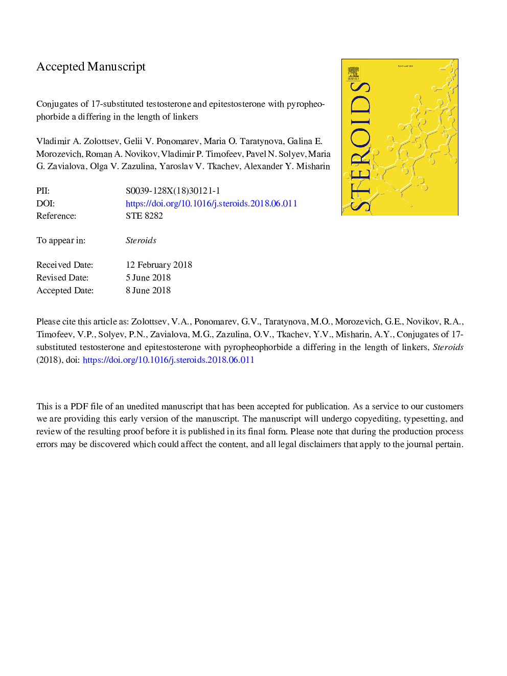 Conjugates of 17-substituted testosterone and epitestosterone with pyropheophorbide a differing in the length of linkers