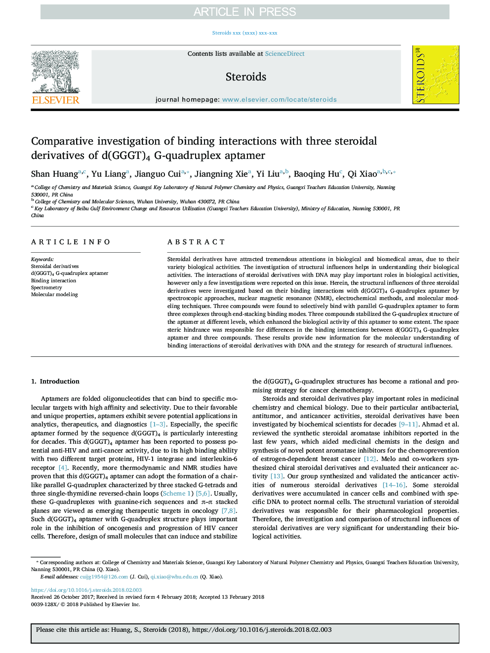 عکس صفحه اول مقاله: Comparative investigation of binding interactions with three steroidal derivatives of d(GGGT)4 G-quadruplex aptamer Comparative investigation of binding interactions with three steroidal derivatives of d(GGGT)4 G-quadruplex aptamer