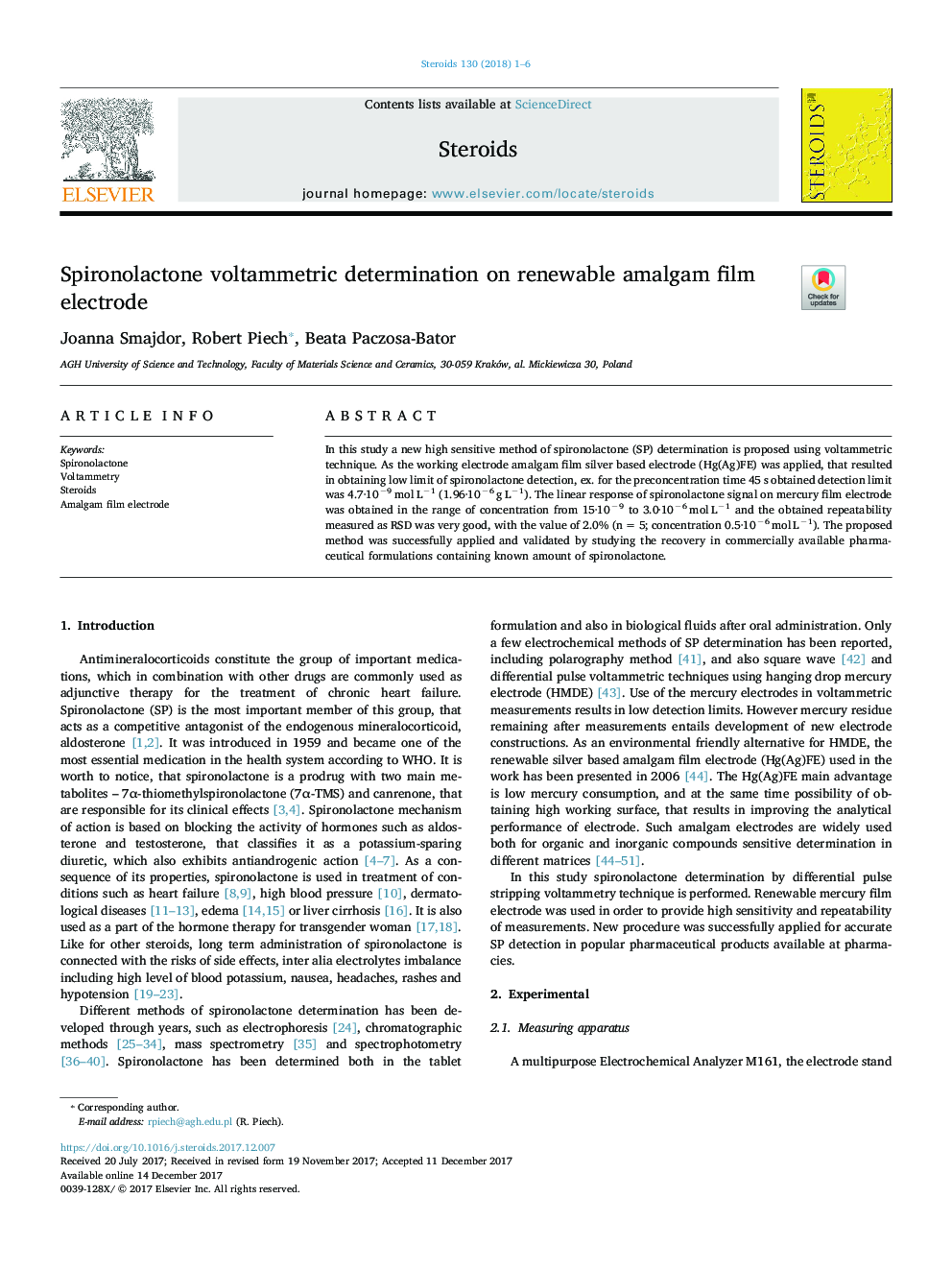 Spironolactone voltammetric determination on renewable amalgam film electrode