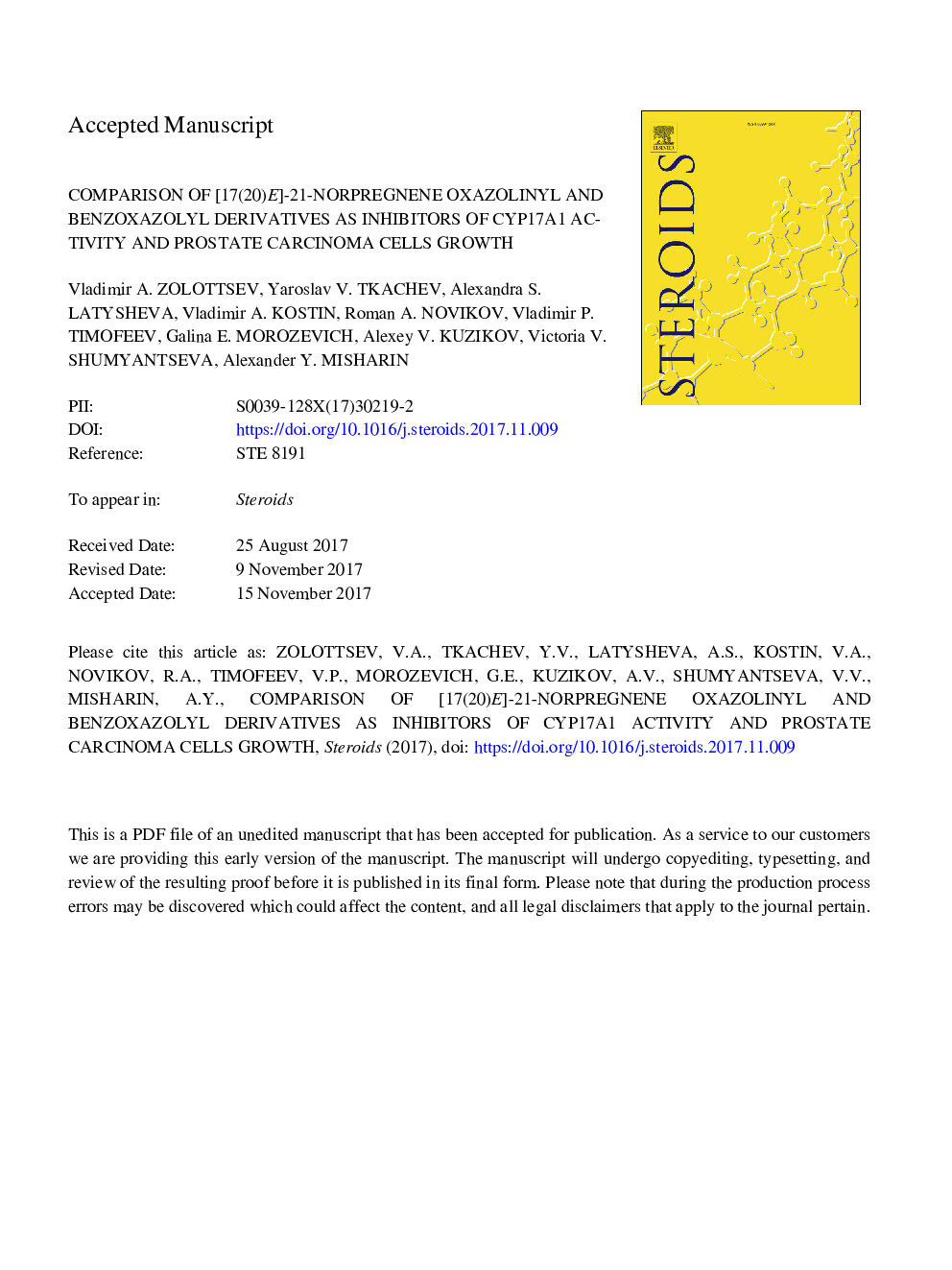 Comparison of [17(20)E]-21-Norpregnene oxazolinyl and benzoxazolyl derivatives as inhibitors of CYP17A1 activity and prostate carcinoma cells growth