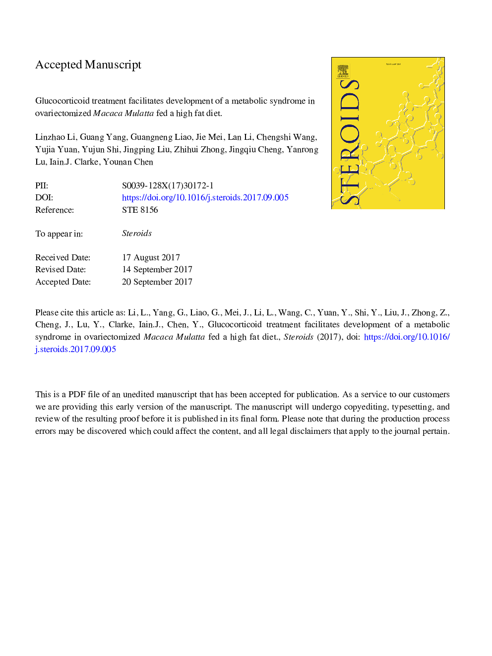 Glucocorticoid treatment facilitates development of a metabolic syndrome in ovariectomized Macaca Mulatta fed a high fat diet