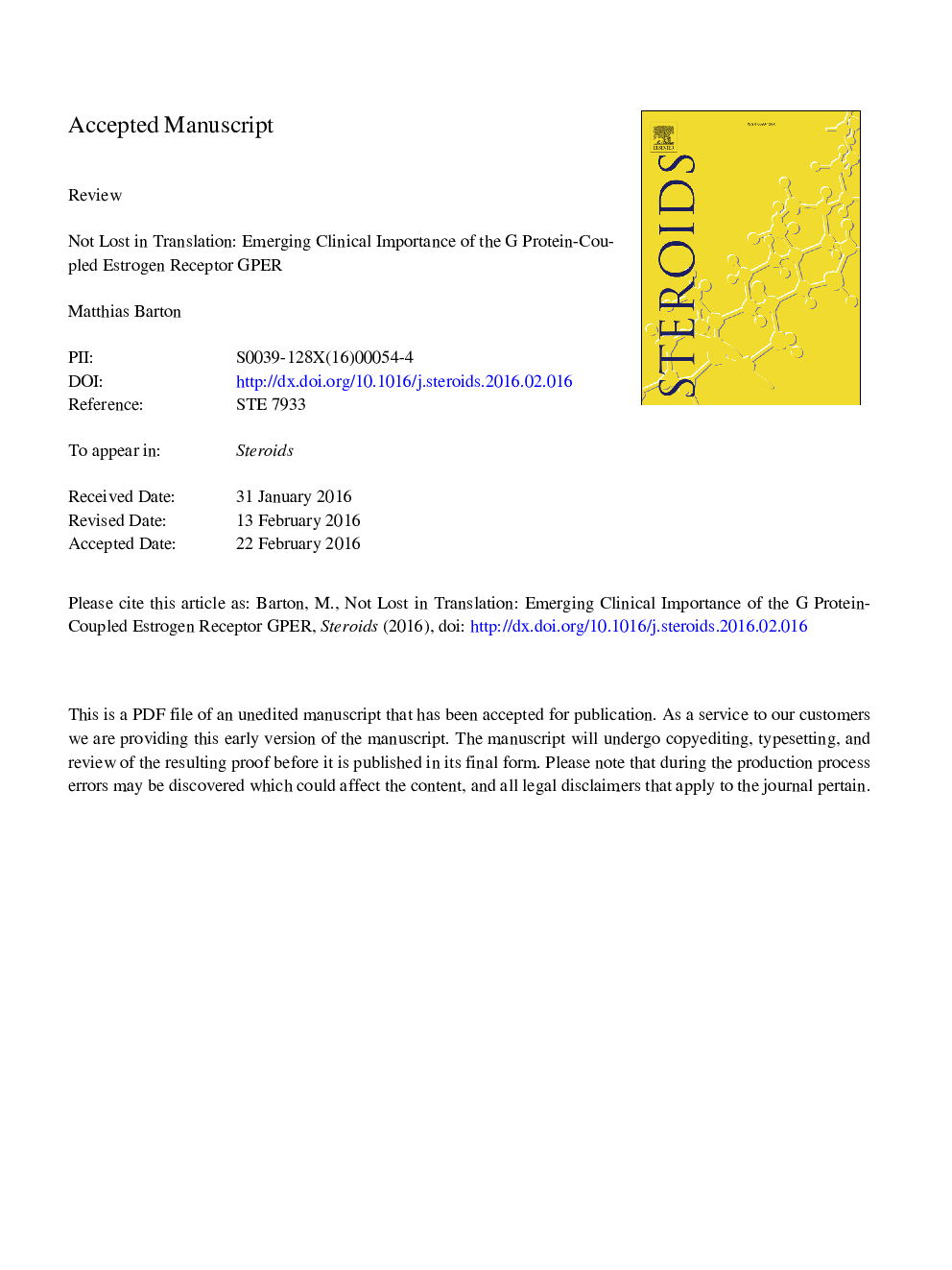 عکس صفحه اول مقاله: Not lost in translation: Emerging clinical importance of the G protein-coupled estrogen receptor GPER Not lost in translation: Emerging clinical importance of the G protein-coupled estrogen receptor GPER