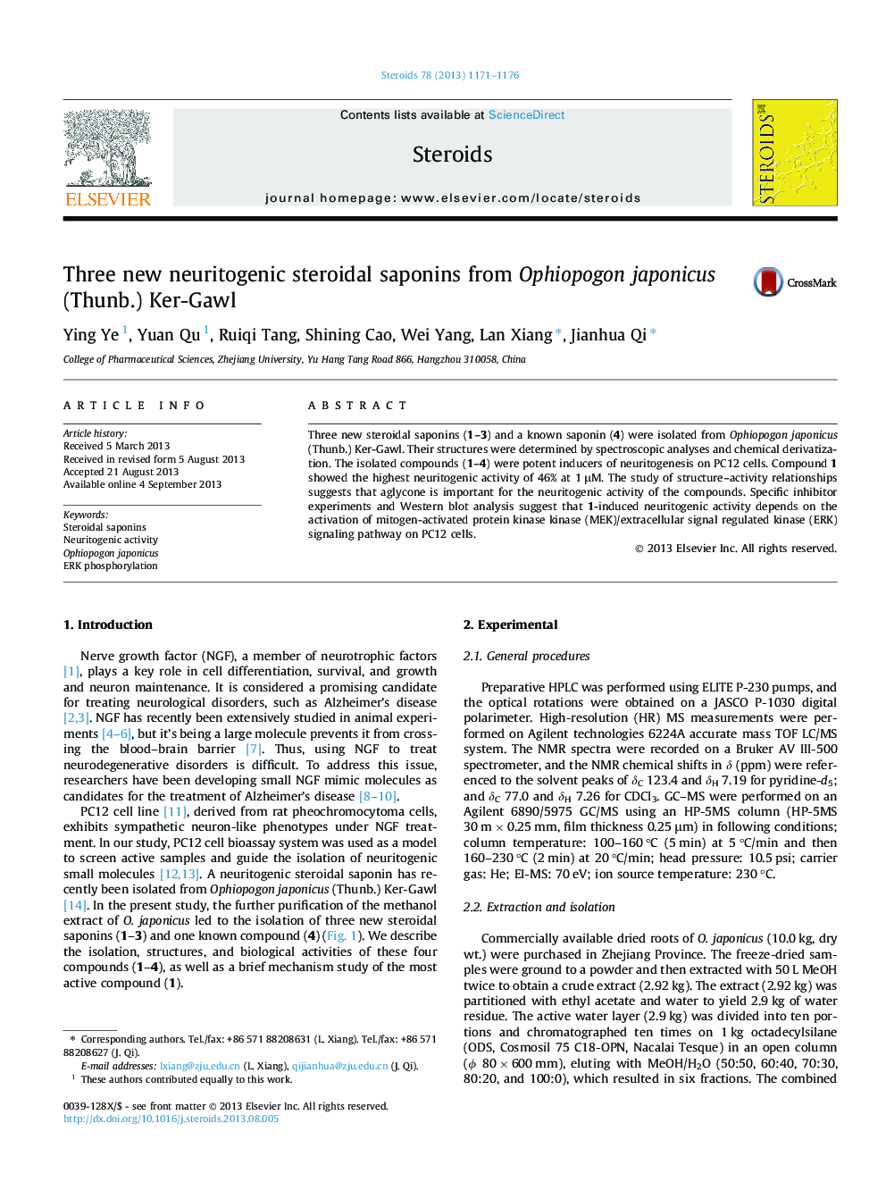 Three new neuritogenic steroidal saponins from Ophiopogon japonicus (Thunb.) Ker-Gawl