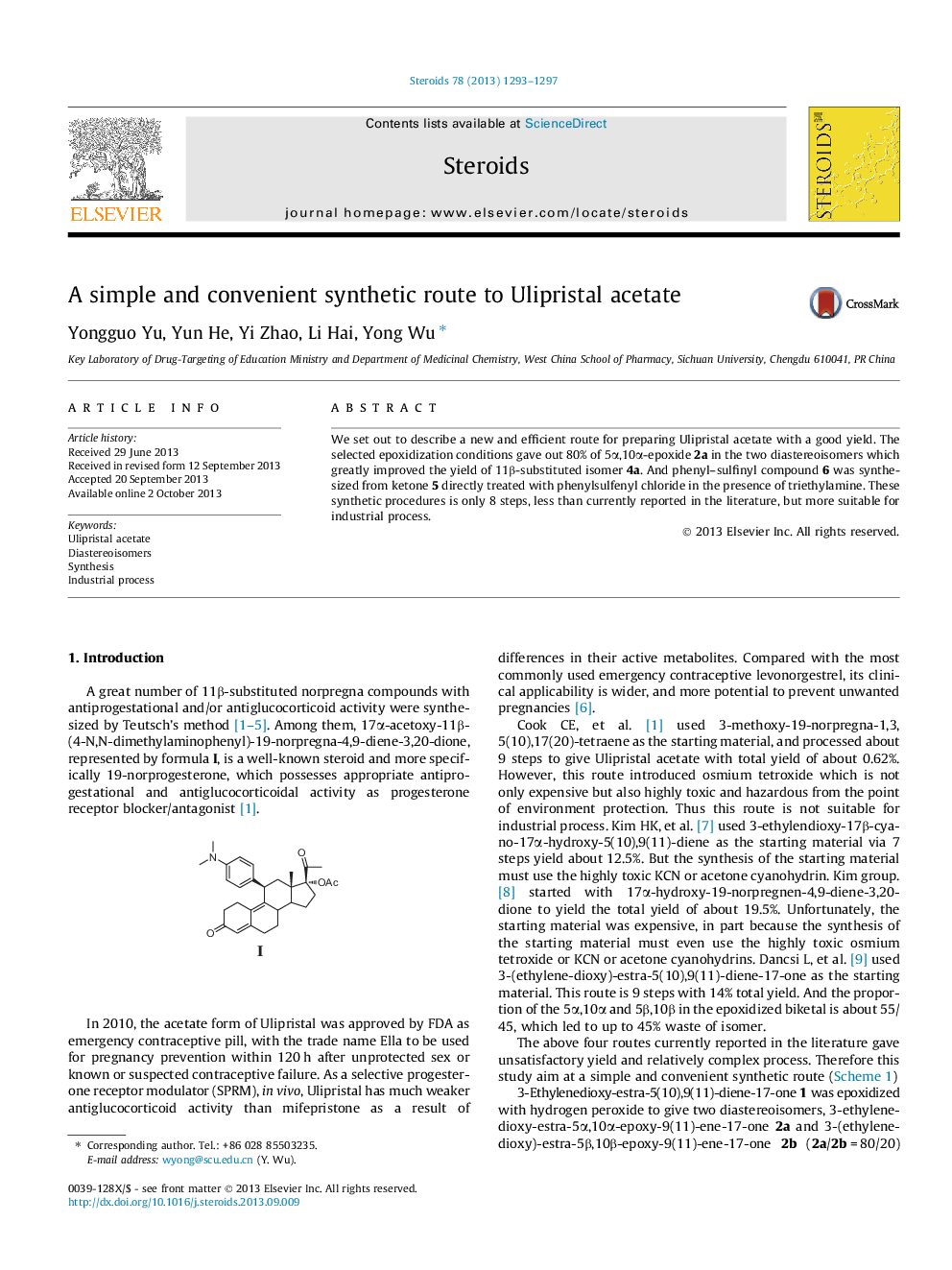 A simple and convenient synthetic route to Ulipristal acetate