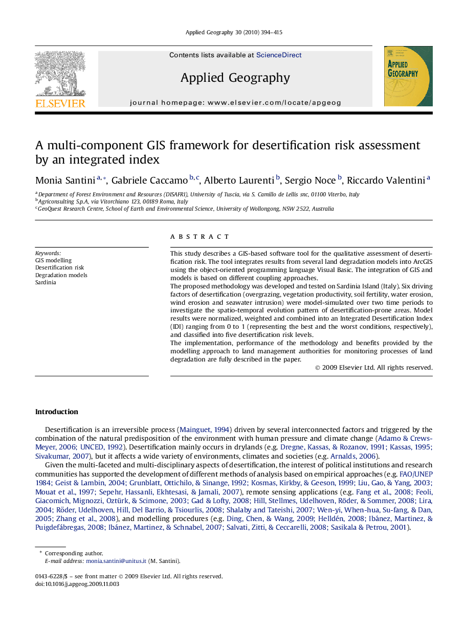 A multi-component GIS framework for desertification risk assessment by an integrated index