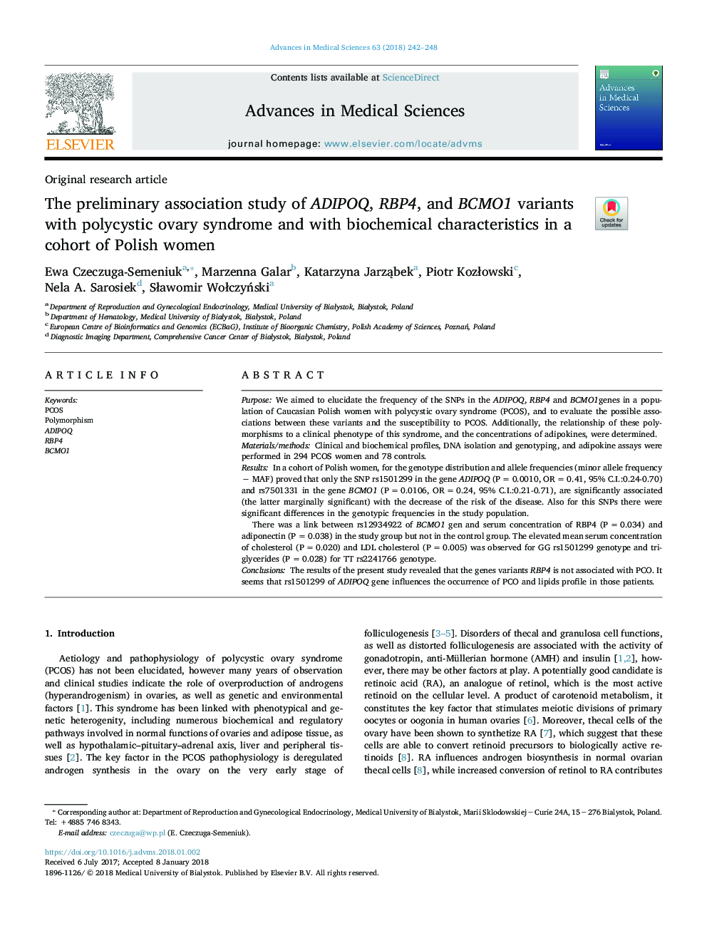 The preliminary association study of ADIPOQ, RBP4, and BCMO1 variants with polycystic ovary syndrome and with biochemical characteristics in a cohort of Polish women