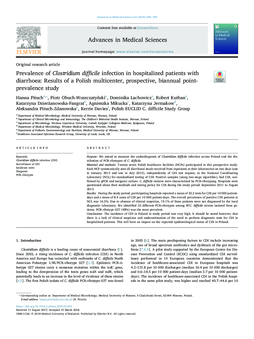 Prevalence of Clostridium difficile infection in hospitalized patients with diarrhoea: Results of a Polish multicenter, prospective, biannual point-prevalence study