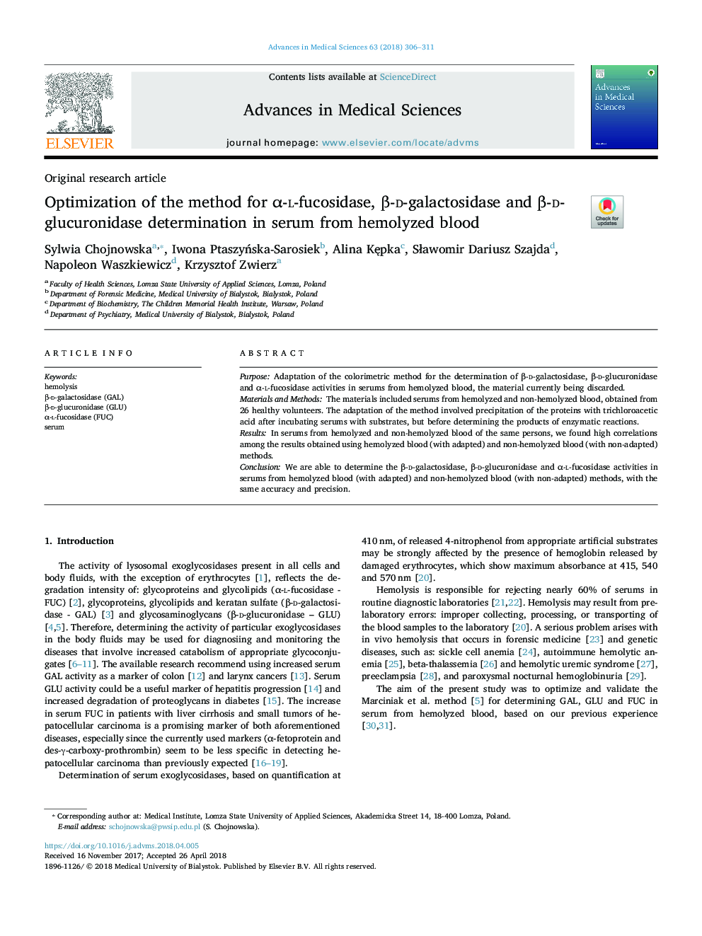 Optimization of the method for Î±-l-fucosidase, Î²-d-galactosidase and Î²-d-glucuronidase determination in serum from hemolyzed blood