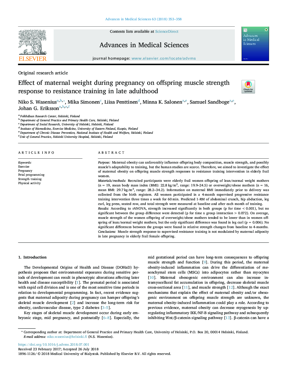 Effect of maternal weight during pregnancy on offspring muscle strength response to resistance training in late adulthood