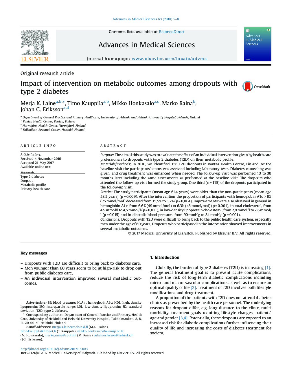 Impact of intervention on metabolic outcomes among dropouts with type 2 diabetes