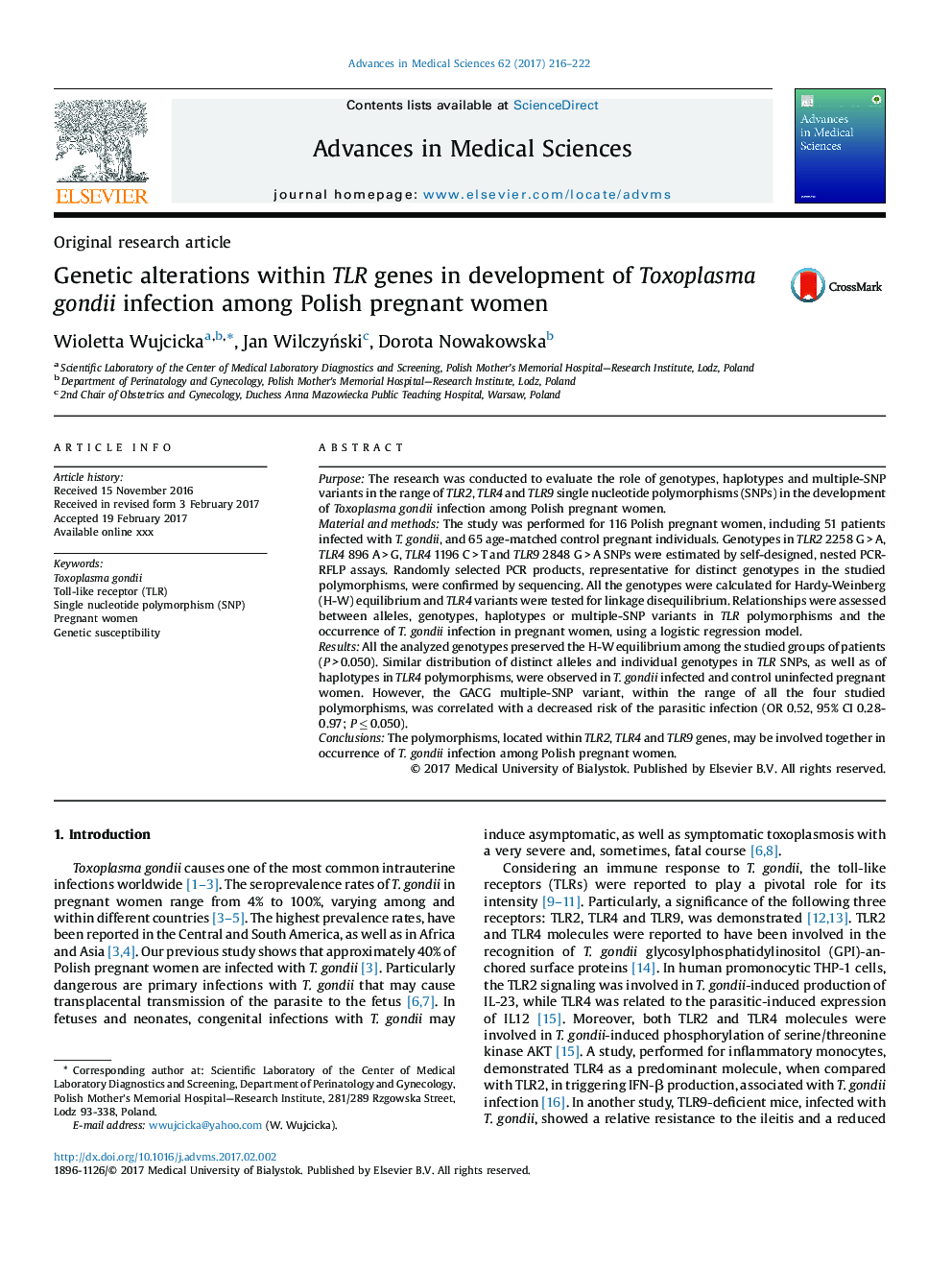 Genetic alterations within TLR genes in development of Toxoplasma gondii infection among Polish pregnant women