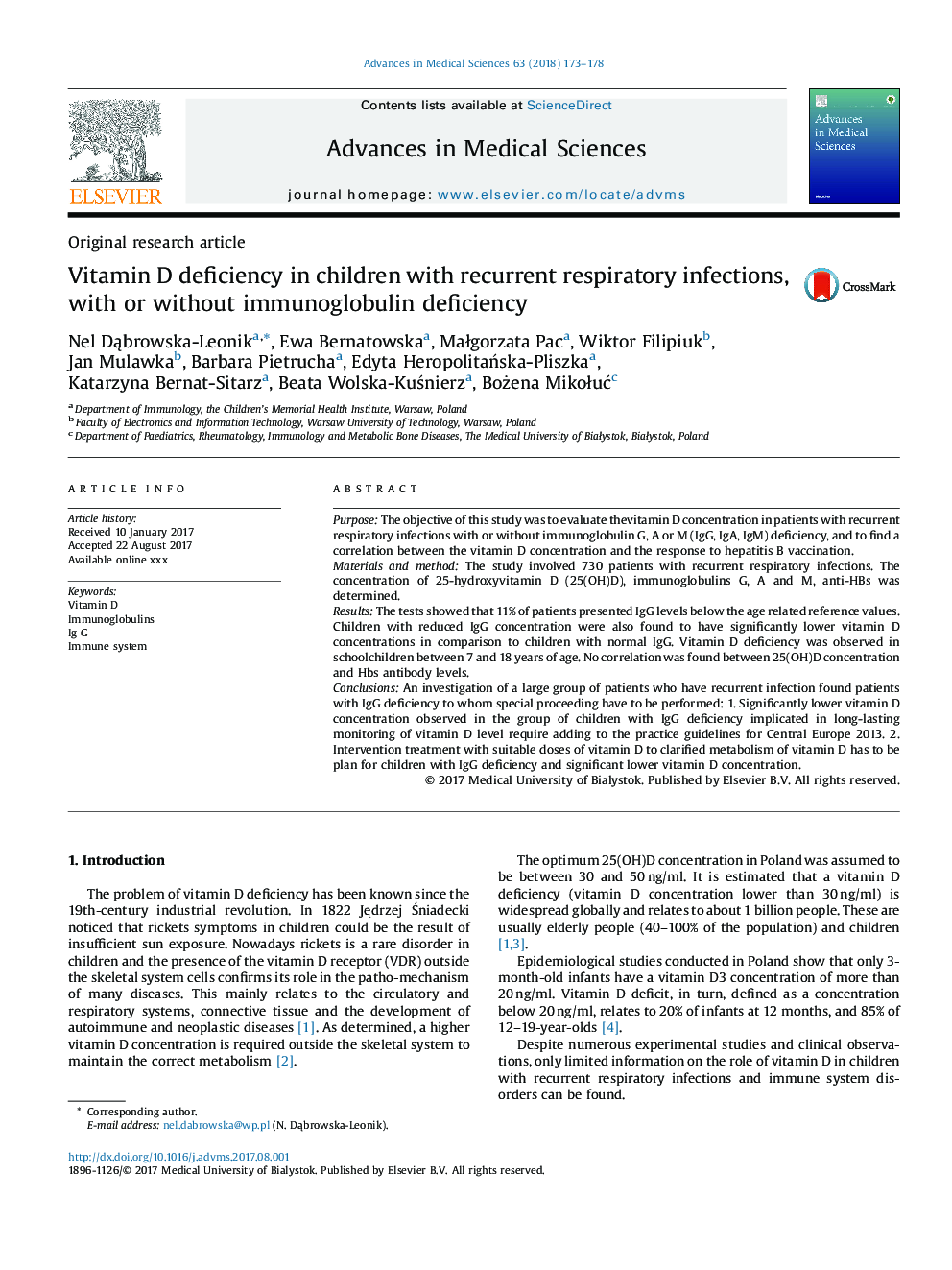 Vitamin D deficiency in children with recurrent respiratory infections, with or without immunoglobulin deficiency