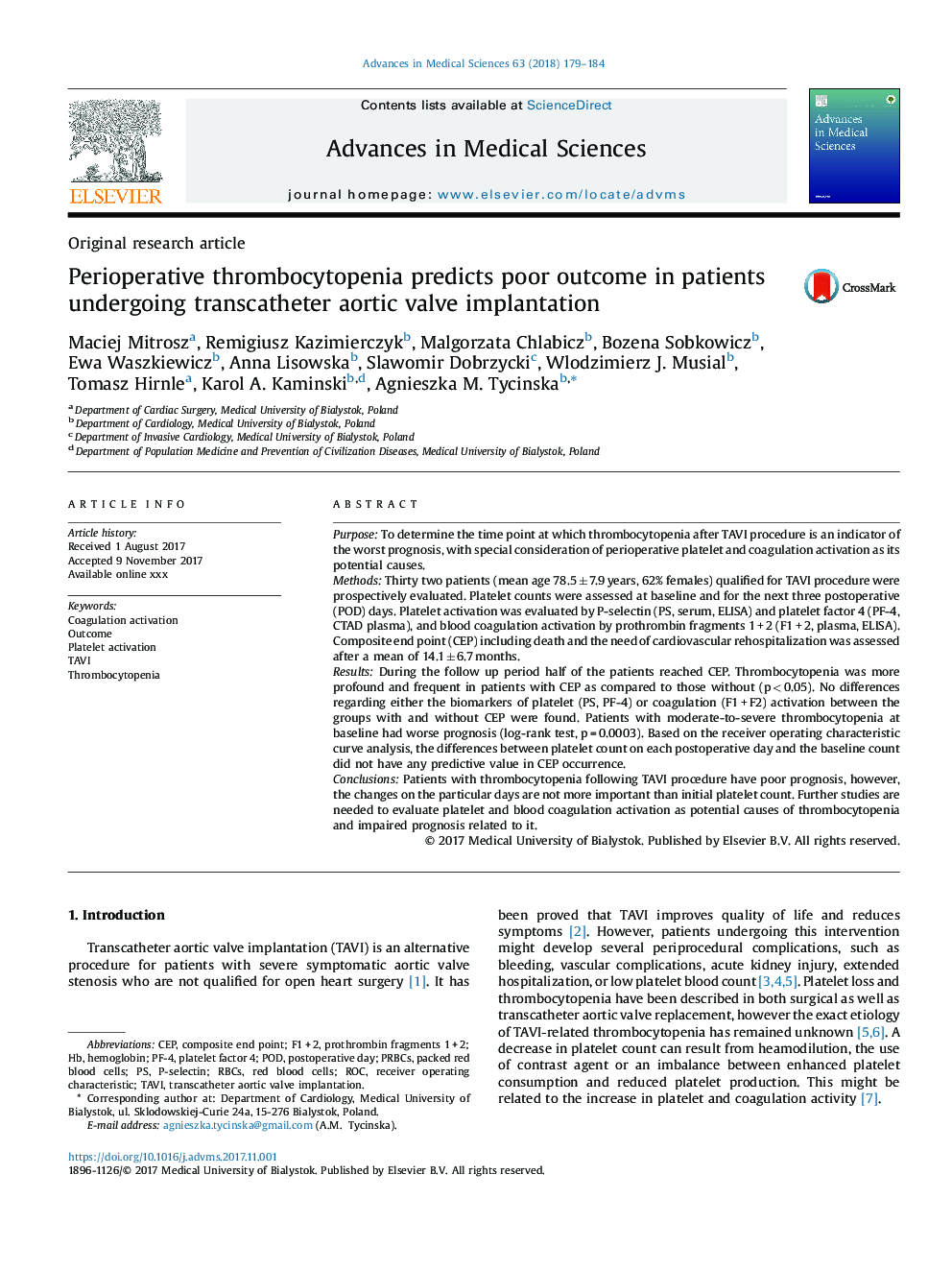 Perioperative thrombocytopenia predicts poor outcome in patients undergoing transcatheter aortic valve implantation