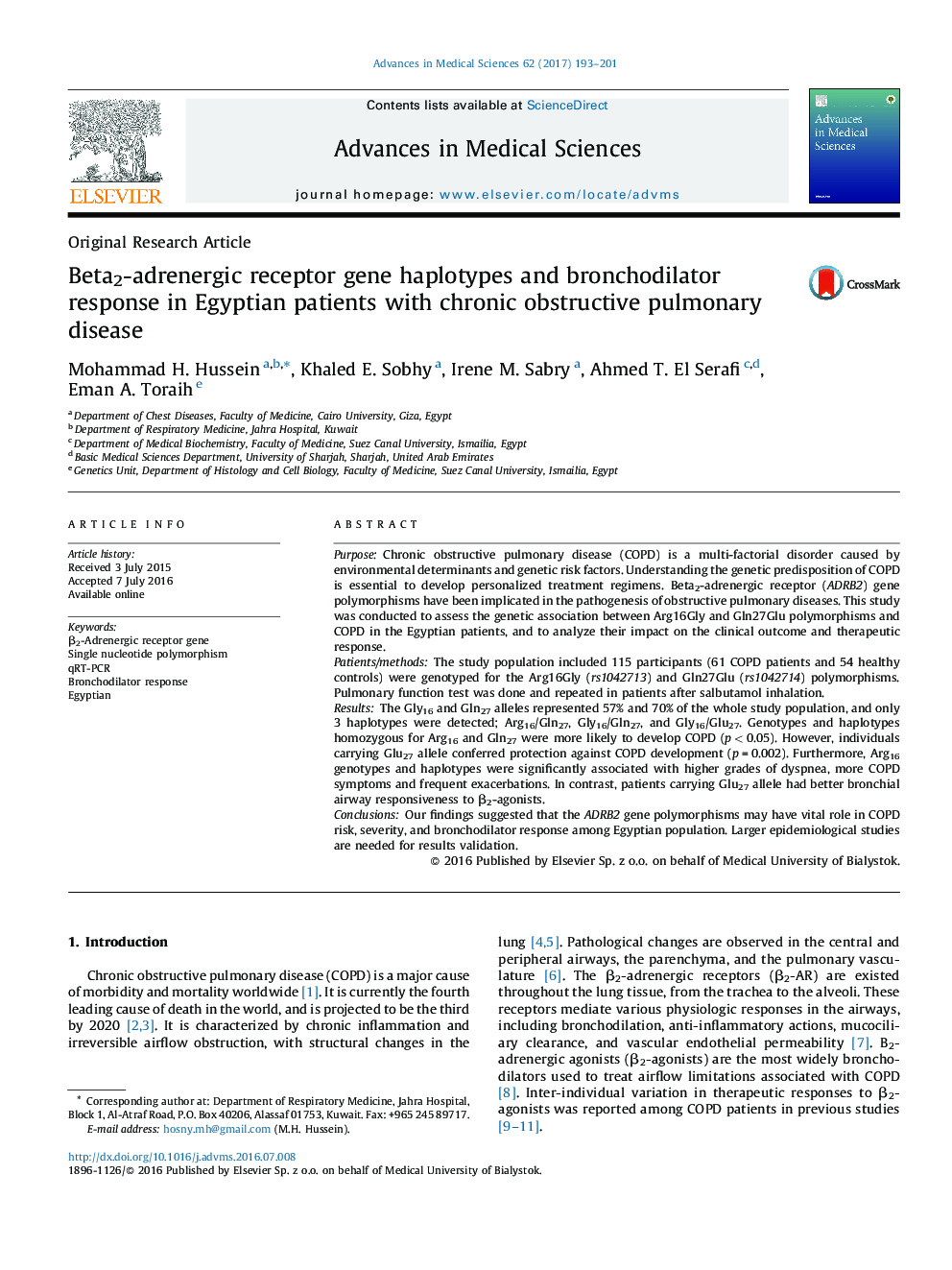 Beta2-adrenergic receptor gene haplotypes and bronchodilator response in Egyptian patients with chronic obstructive pulmonary disease