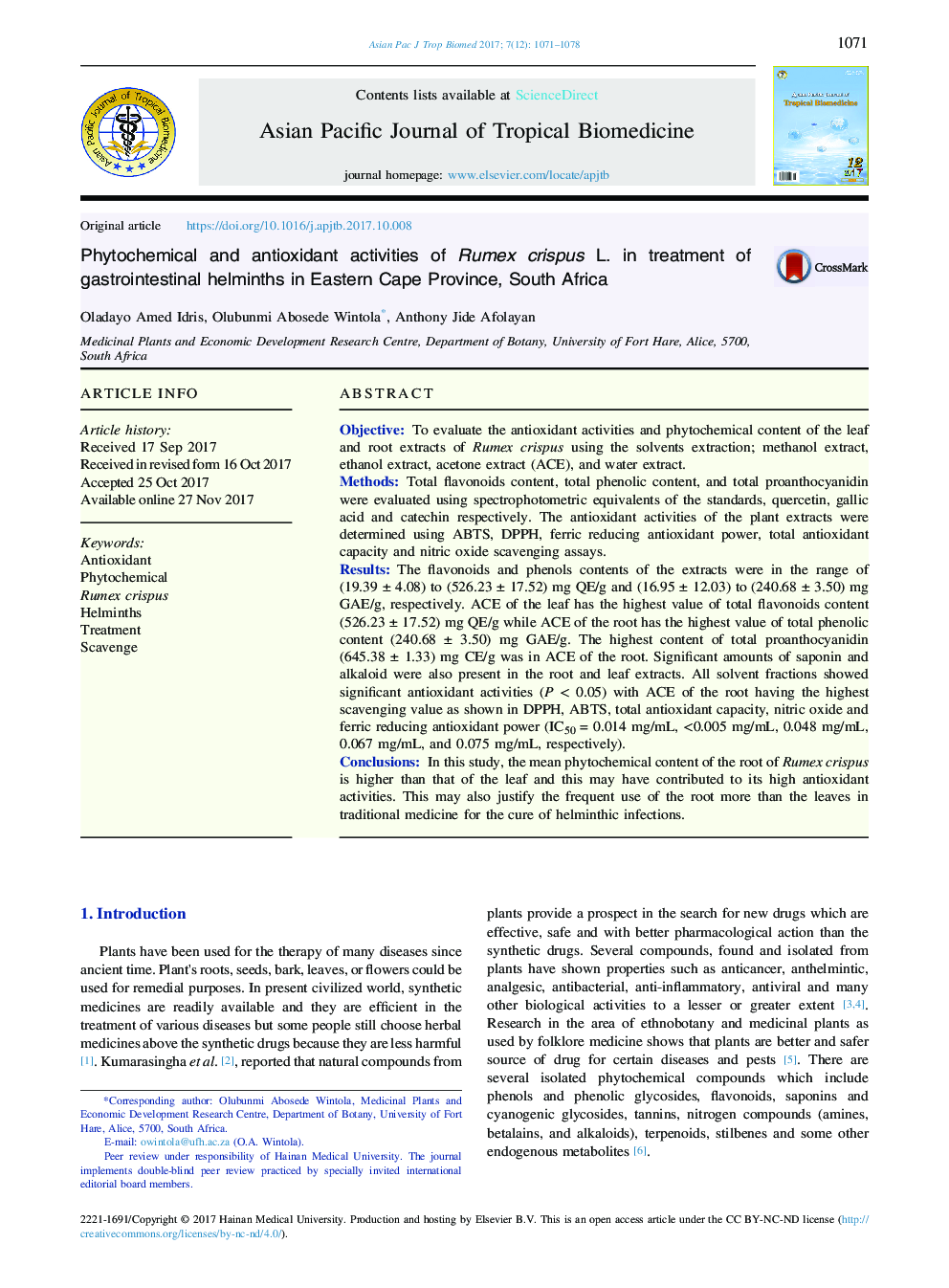 Phytochemical and antioxidant activities of Rumex crispus L. in treatment of gastrointestinal helminths in Eastern Cape Province, South Africa