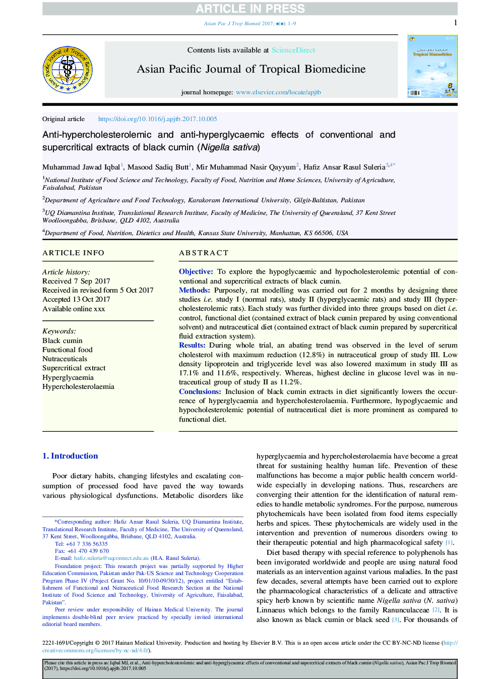 Anti-hypercholesterolemic and anti-hyperglycaemic effects of conventional and supercritical extracts of black cumin (Nigella sativa)