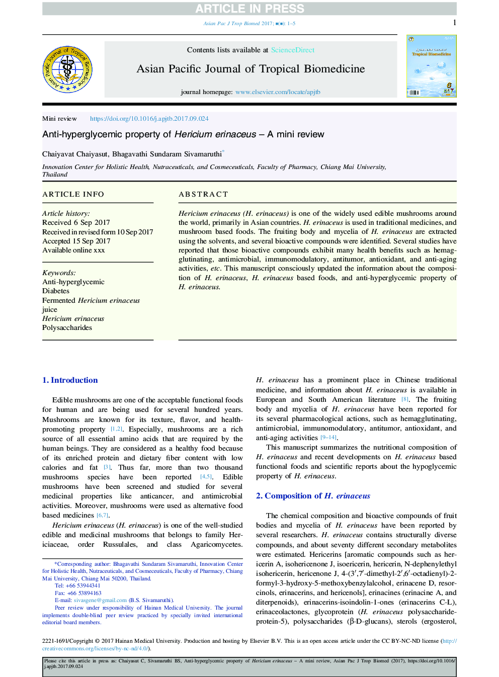 Anti-hyperglycemic property of Hericium erinaceus - A mini review