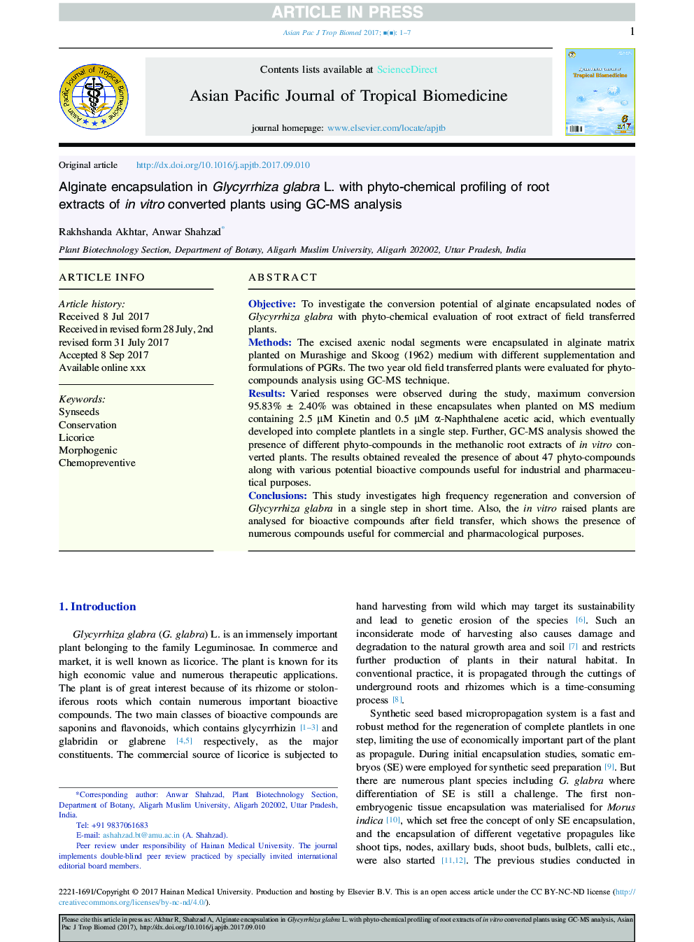 Alginate encapsulation in Glycyrrhiza glabra L. with phyto-chemical profiling of root extracts of inÂ vitro converted plants using GC-MS analysis