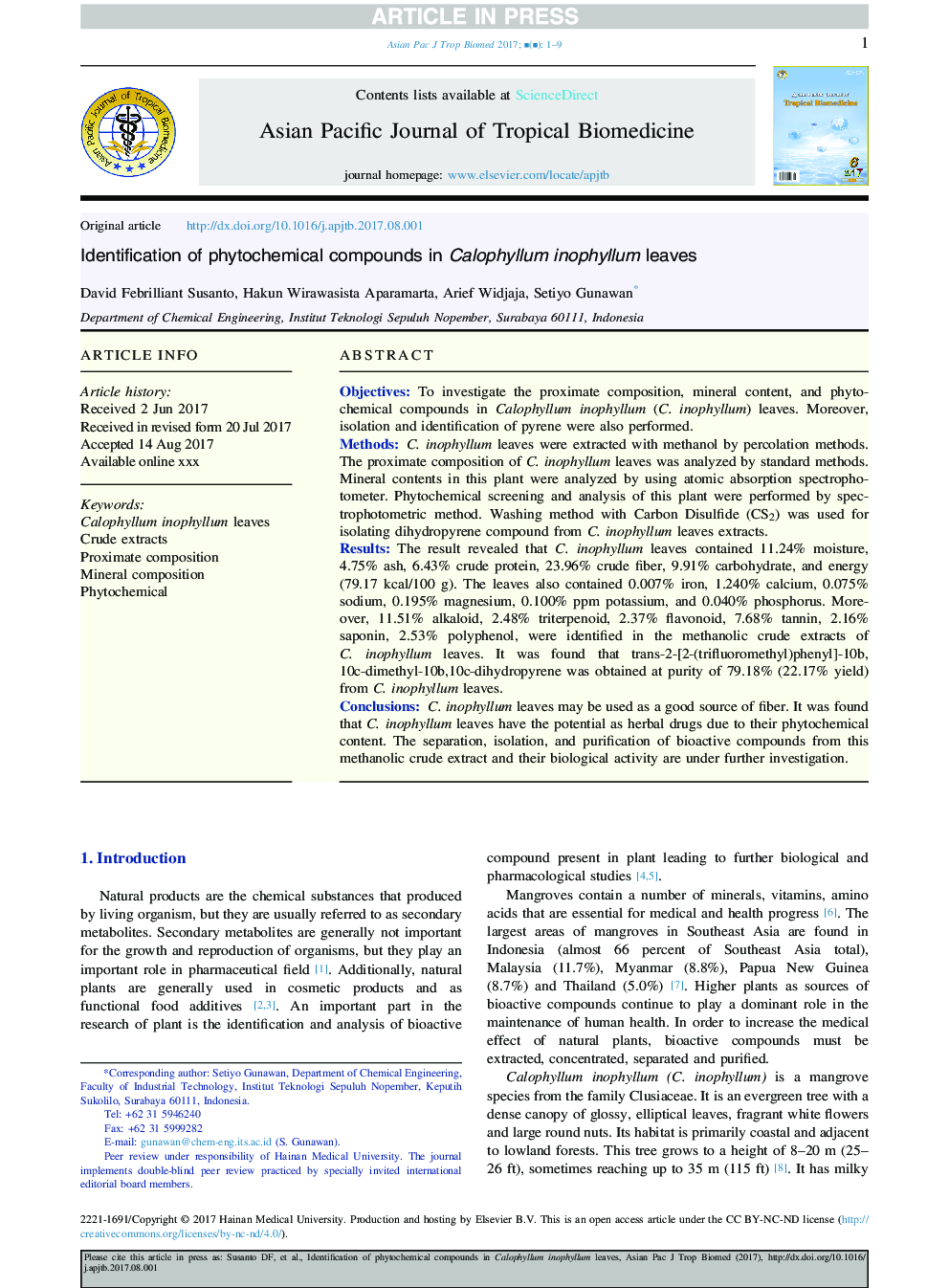 Identification of phytochemical compounds in Calophyllum inophyllum leaves