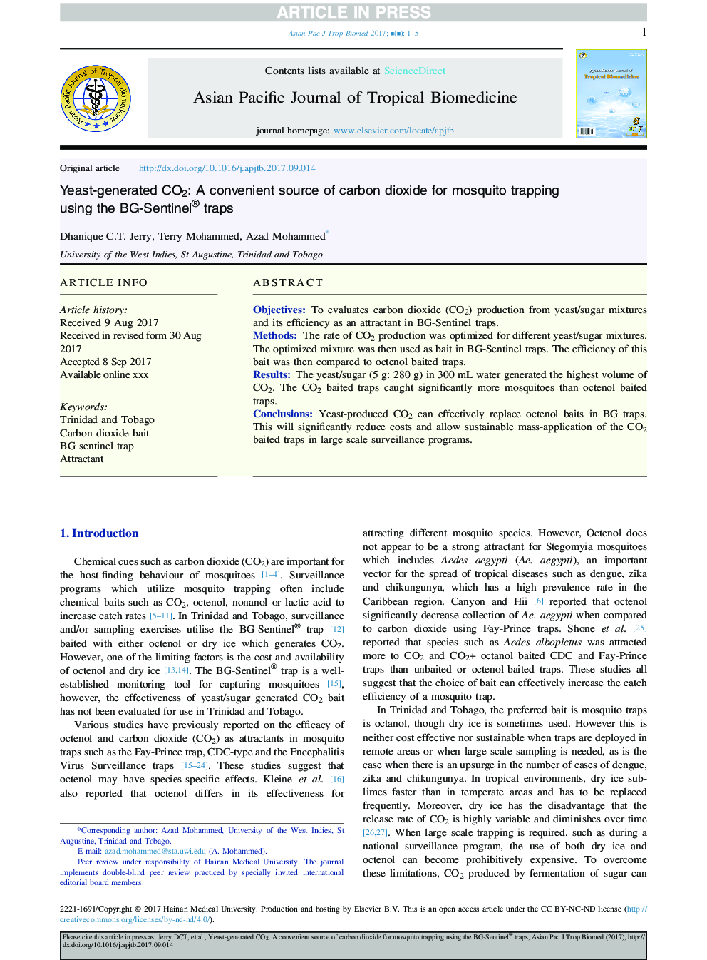 Yeast-generated CO2: A convenient source of carbon dioxide for mosquito trapping using the BG-Sentinel® traps