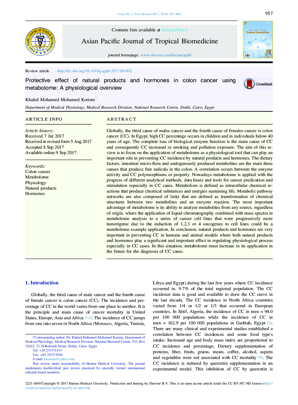 Protective effect of natural products and hormones in colon cancer using metabolome: A physiological overview