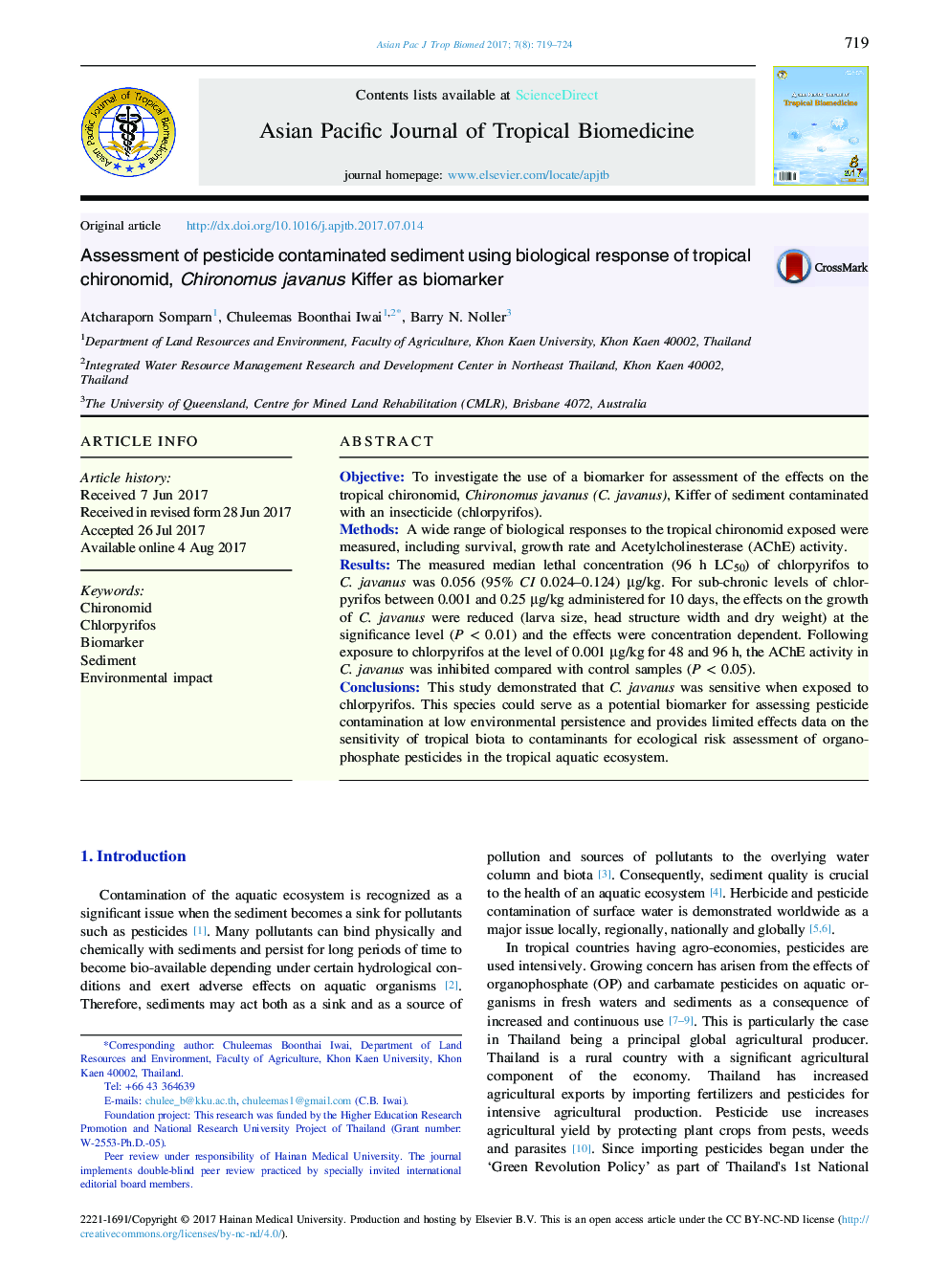Assessment of pesticide contaminated sediment using biological response of tropical chironomid, Chironomus javanus Kiffer as biomarker