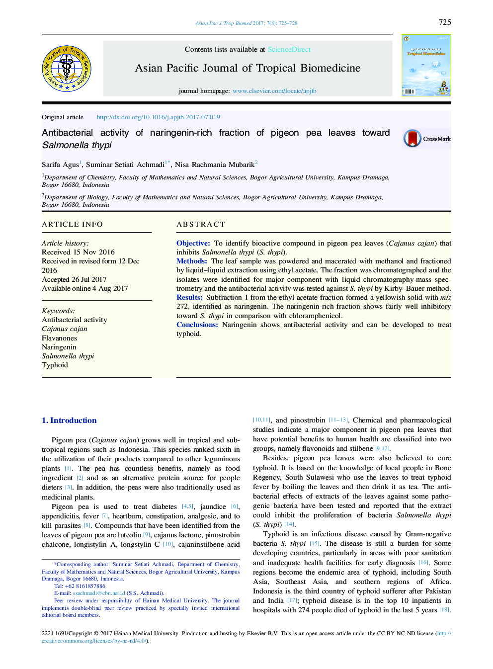 Antibacterial activity of naringenin-rich fraction of pigeon pea leaves toward Salmonella thypi