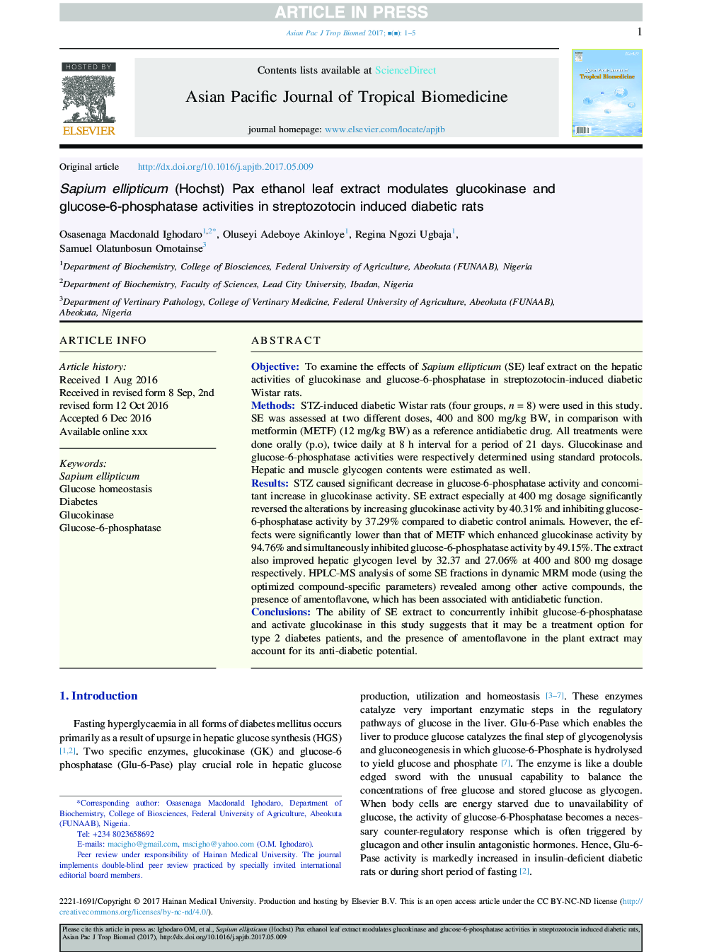 Sapium ellipticum (Hochst) Pax ethanol leaf extract modulates glucokinase and glucose-6-phosphatase activities in streptozotocin induced diabetic rats
