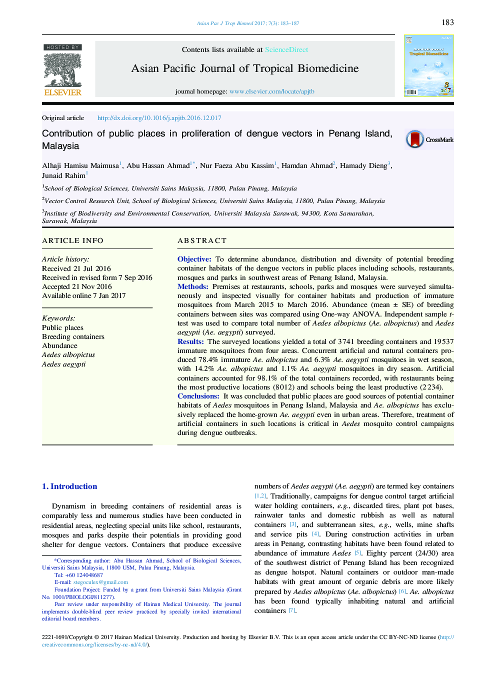 Contribution of public places in proliferation of dengue vectors in Penang Island, Malaysia