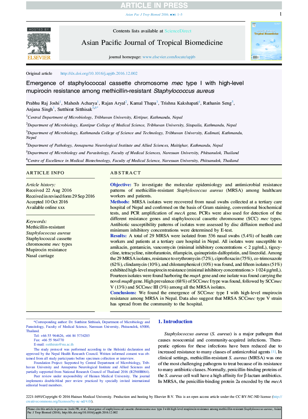 Emergence of staphylococcal cassette chromosome mec type I with high-level mupirocin resistance among methicillin-resistant Staphylococcus aureus