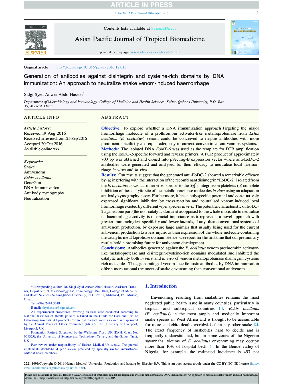 Generation of antibodies against disintegrin and cysteine-rich domains by DNA immunization: An approach to neutralize snake venom-induced haemorrhage