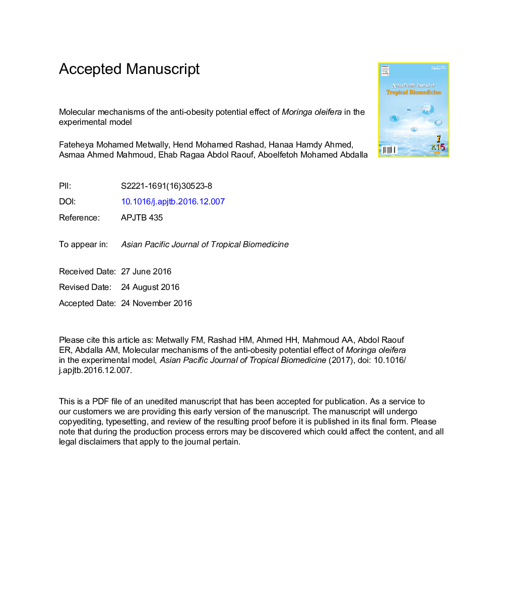 Molecular mechanisms of the anti-obesity potential effect of Moringa oleifera in the experimental model