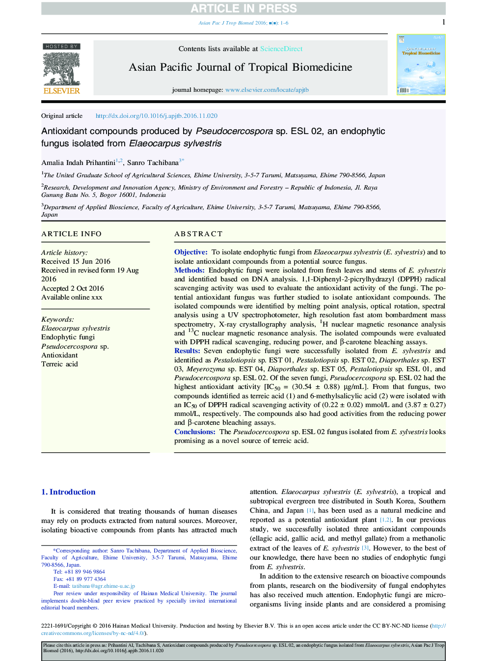 Antioxidant compounds produced by Pseudocercospora sp. ESL 02, an endophytic fungus isolated from Elaeocarpus sylvestris