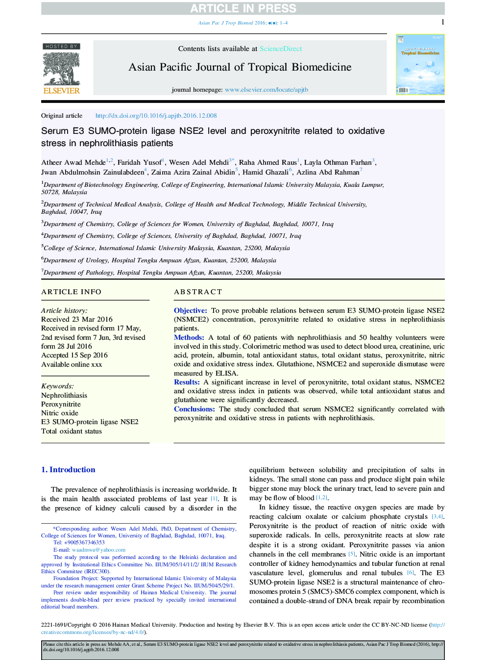 Serum E3 SUMO-protein ligase NSE2 level and peroxynitrite related to oxidative stress in nephrolithiasis patients