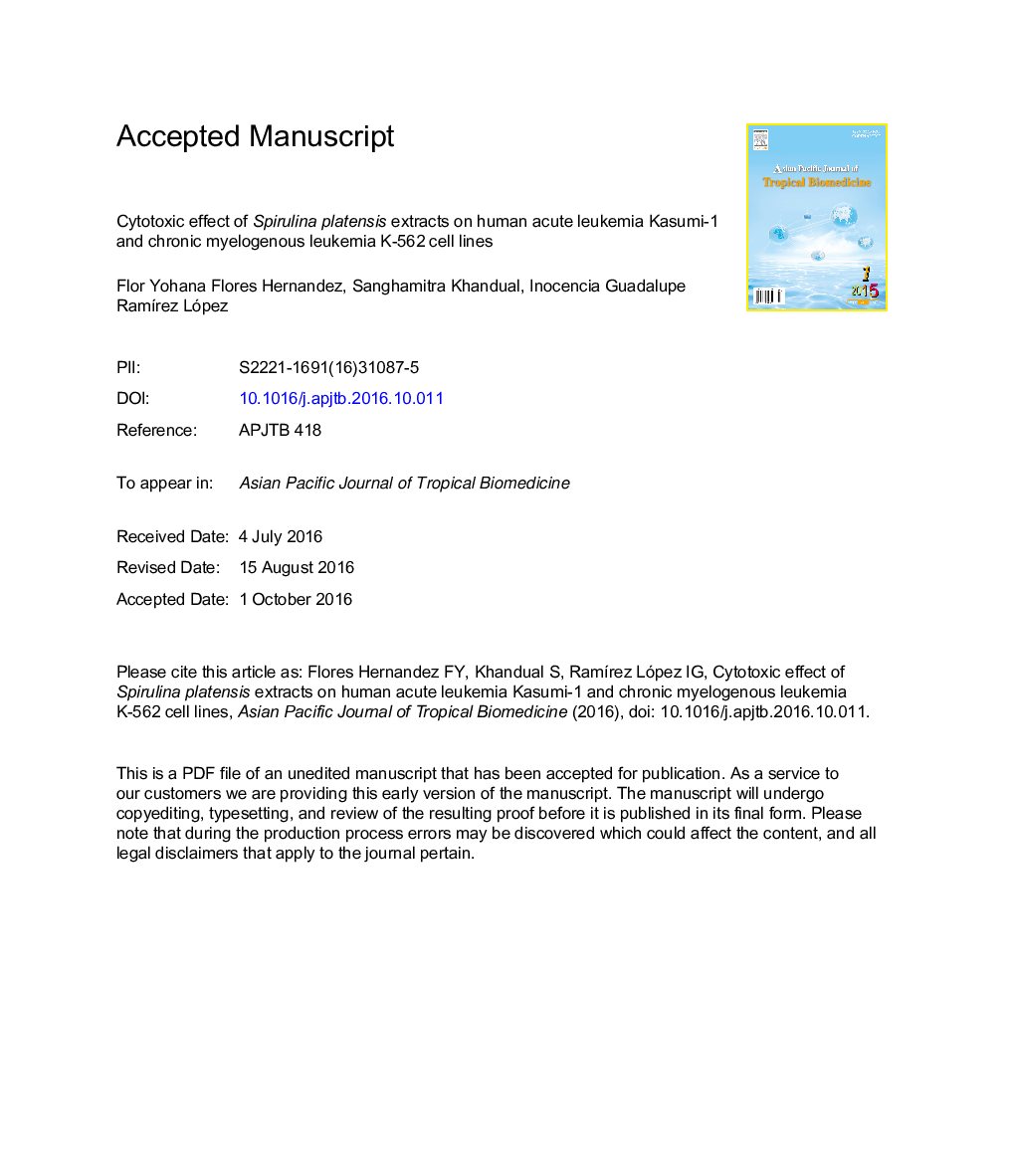 Cytotoxic effect of Spirulina platensis extracts on human acute leukemia Kasumi-1 and chronic myelogenous leukemia K-562 cell lines