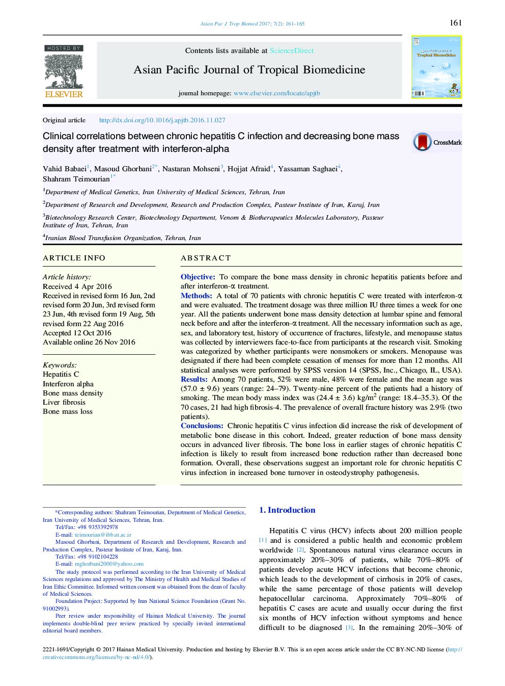 Clinical correlations between chronic hepatitis C infection and decreasing bone mass density after treatment with interferon-alpha