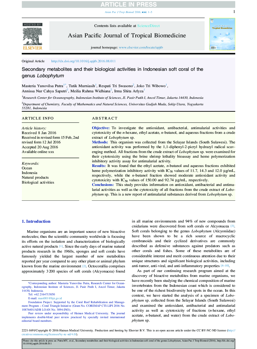 Secondary metabolites and their biological activities in Indonesian soft coral of the genus Lobophytum