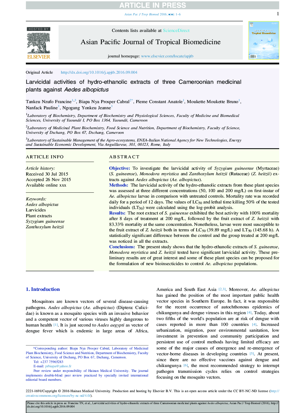 Larvicidal activities of hydro-ethanolic extracts of three Cameroonian medicinal plants against Aedes albopictus