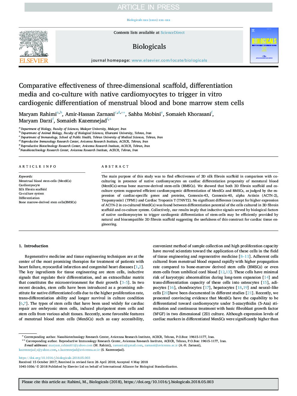 Comparative effectiveness of three-dimensional scaffold, differentiation media and co-culture with native cardiomyocytes to trigger in vitro cardiogenic differentiation of menstrual blood and bone marrow stem cells