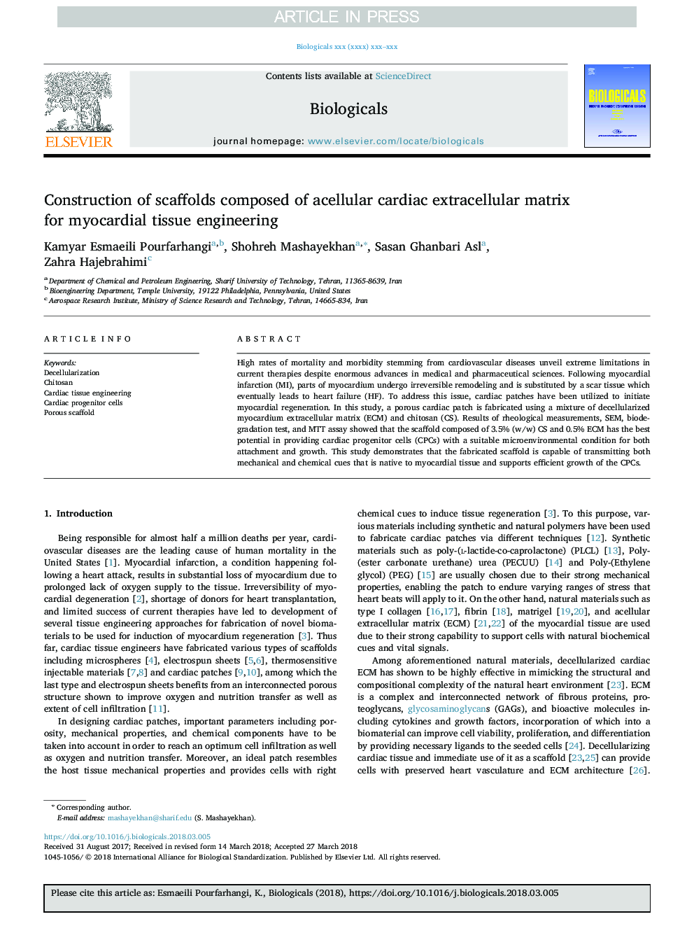 Construction of scaffolds composed of acellular cardiac extracellular matrix for myocardial tissue engineering