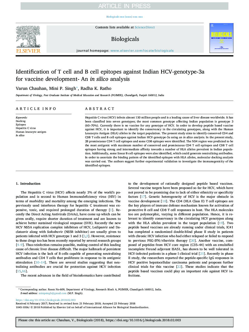 Identification of T cell and B cell epitopes against Indian HCV-genotype-3a for vaccine development- An in silico analysis